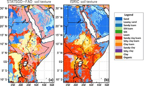 Comparison of the (a) STATSGO-FAO soil texture class map (originally at... | Download Scientific ...