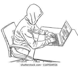 Sketch Style Doodle Hacker Sitting Front Stock Vector (Royalty Free ...