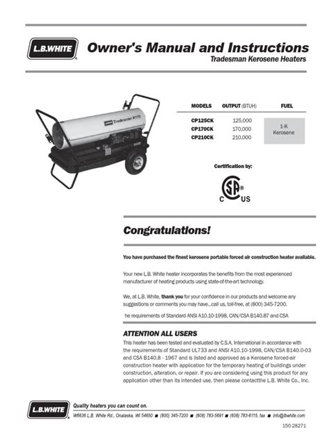 125k-210k L B White Heater Manual | Kerosene | Hvac