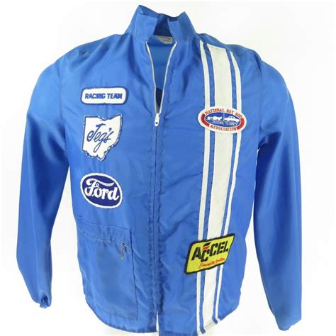 Vintage 60s Ford Racing Team Jacket Mens S Talon NHRA Blue Stripe Patches | The Clothing Vault