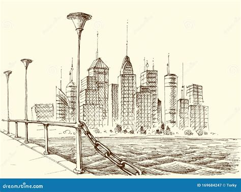 Skyscraper Panorama, City View from a Bridge Sketch Stock Vector - Illustration of generic ...