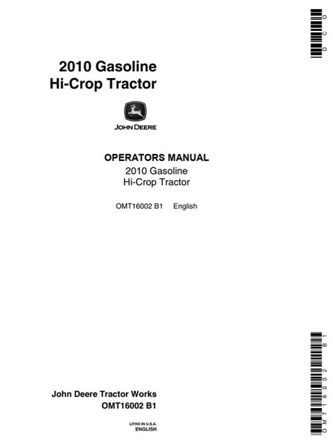 John Deere Gasoline Hi-Crop Tractor 2010 Operators Manual