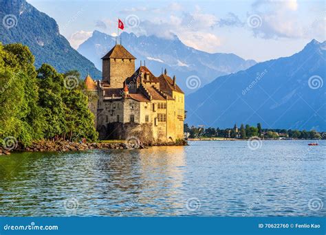 Chillon Castle at Geneva Lake, Switzerland Editorial Image - Image of flag, medieval: 70622760