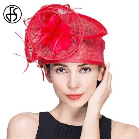 FS Sinamay Hats Women Fascinators For Wedding Dress Red Floral Linen Church Hat Chapeu Formal ...