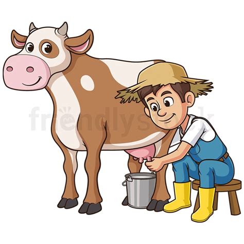 Cartoon Farmer Milking Cow Illustration Vector Clip Art - FriendlyStock