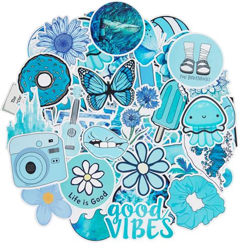 Blue VSCO Stickers for Water Bottles, 50 Pcs Waterproof Stickers Cute ...