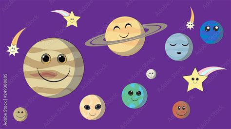 Smiling planets of the Solar System. Planets with faces funny characters: Mercury, Venus, Earth ...