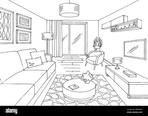 Living room graphic black white home interior sketch illustration vector Stock Vector Image ...