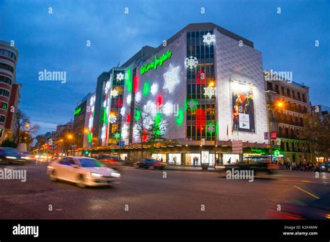 El Corte Ingles shopping center at Christmas, night view. Goya street, Madrid, Spain Stock Photo ...