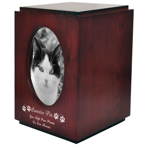 Cherry Finish Wood Cat Urn with Oval Photo Frame