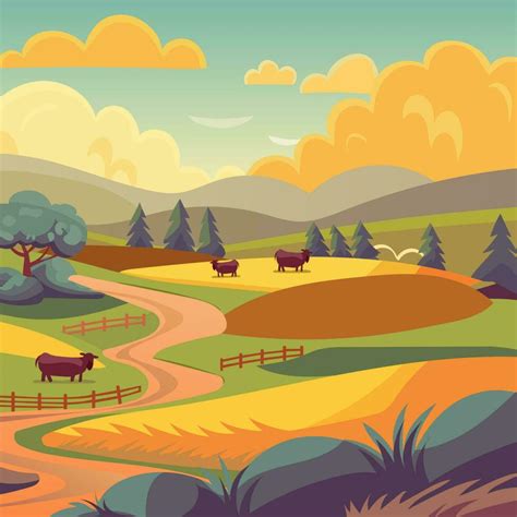 Rural landscape illustration for background. Farmhouse and barns, cows grazing through the ...