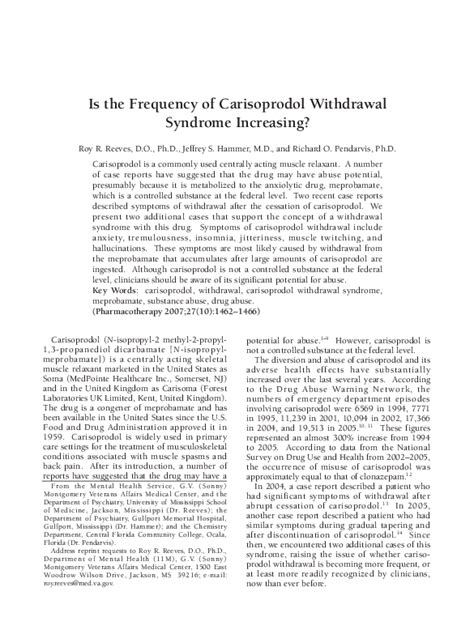 (PDF) Is the Frequency of Carisoprodol Withdrawal Syndrome Increasing? | Richard Pendarvis ...