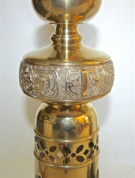 Pair of Tall Brass Asian Altar Candlestick Table Lamps For Sale at 1stDibs