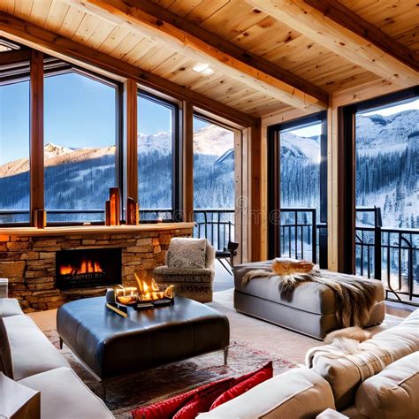 An Alpine Ski Lodge Living Room with a Cozy Stone Fireplace, Plaid ...