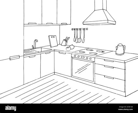 Kitchen room graphic black white home interior sketch illustration vector Stock Vector Image ...