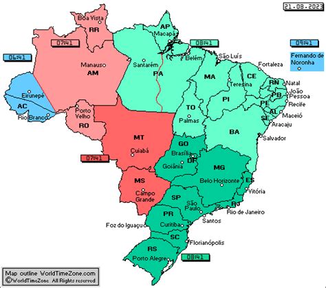 Brazil time zones- Time Map of Brazil with local time in Brazil, 24 hour format