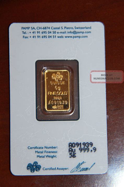 Pamp Suisse 5 Gram Gold Bar. 9999 Pure With Assay Certificate