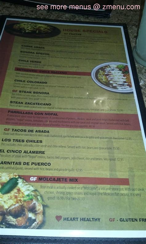 Menu at Sonora Restaurant, Horseshoe Bend