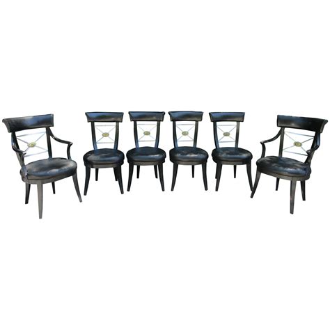 Set of Six Mid Century Neoclassical Black Leather and Bronze Dining Chairs For Sale at 1stDibs