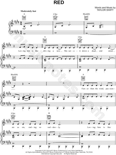 Taylor Swift "Red" Sheet Music in E Major (transposable) - Download & Print | Taylor swift songs ...