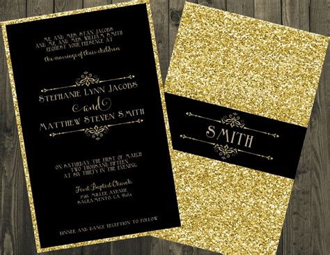 Black and Gold Wedding Invitation Glitter Wedding