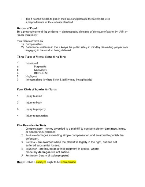 Torts Outline - tort law - The π has the burden to put on their case ...