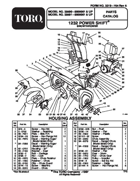 Toro Power Shift 38590 38591 1232 Snow Blower Parts Manual, 1998