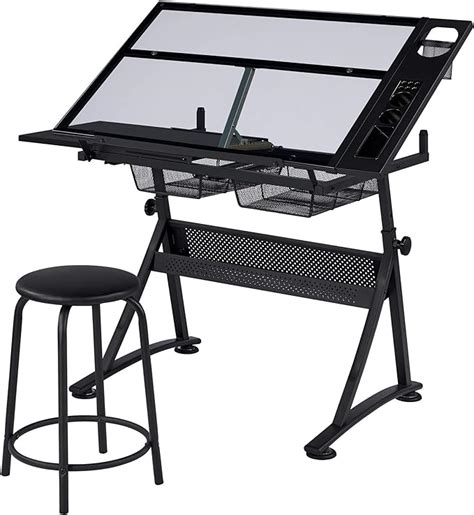 Yaheetech Height Adjustable Glass Drafting Table Drawing Desk with Tilting Tabletop Artist Craft ...