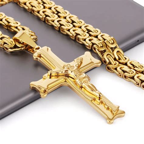 Gold Color Stainless Steel Jesus Cross Pendant Necklace 6mm Link Byzantine Chain Necklace Long ...