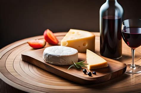 Premium AI Image | cheese and a bottle of wine on a wooden tray