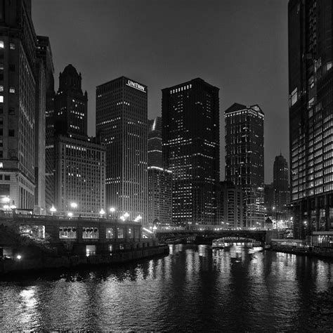 Chicago River at Night, black and white night photograph of downtown C ...