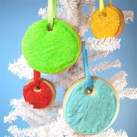 sparkly Christmas ornament cookies simply decorated with sprinkles