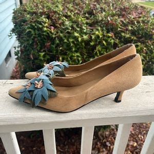 Zalo | Shoes | Zalo Kitten Heel Blue Floral Embellished Shoes Pointed Toe Taupe Suede Size 7m ...