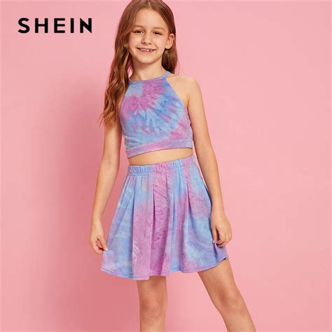 SHEIN Kiddie Girls Tie Dye Halter Crop Top And Pleated Skirt Set Kid ...