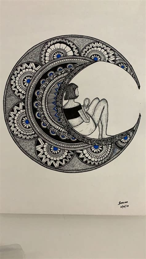 #girl sitting on moon, #girl, #moon, #mandala, #doodle, #girl black and white mandala, #moon ...