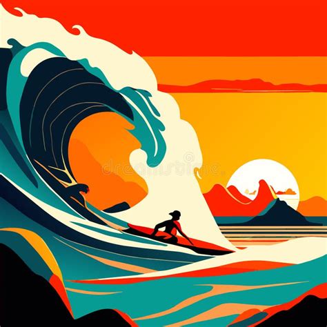 Surfer on the Wave at Sunset. Vector Illustration in Flat Style Generative AI Stock Vector ...