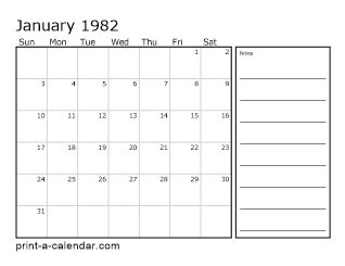 Download 1982 Printable Calendars