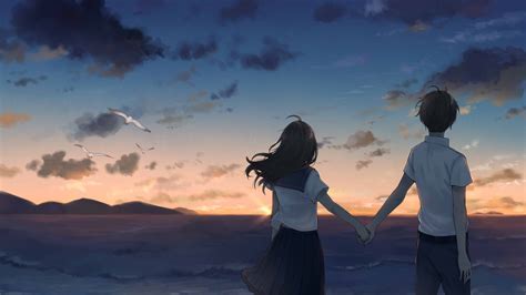 Download Cute Anime Couple Holding Hands Sunset Wallpaper | Wallpapers.com