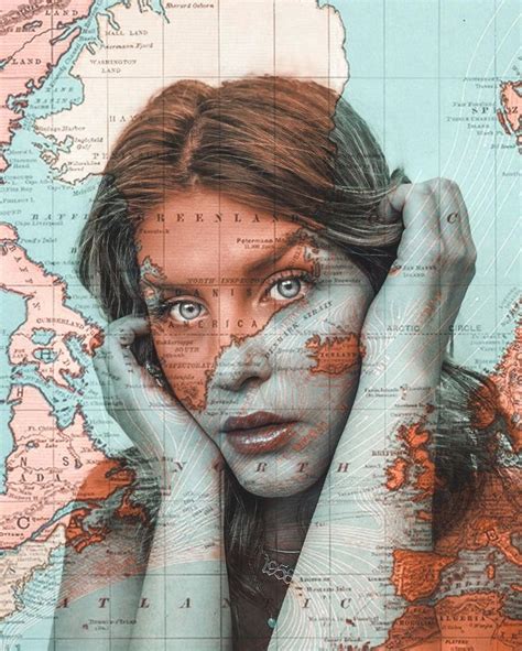 a woman with her hands on her face in front of a map and the world