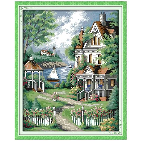 European style villa Counted Cross Stitch Diy 11 14CT Cross Stitch Set Landscape Cross Stitch ...