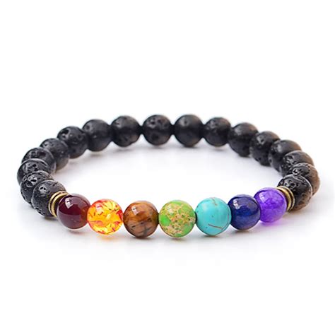 Punk Rainbow Gem Stone Nomination Bracelets Black Lava 7 Chakra Healing Balance Beads Braclet ...