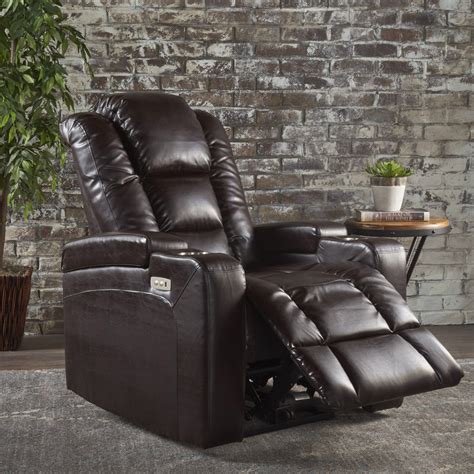 Brown Leather Power Recliner With Storage, Cup Holder, and USB Charger ...