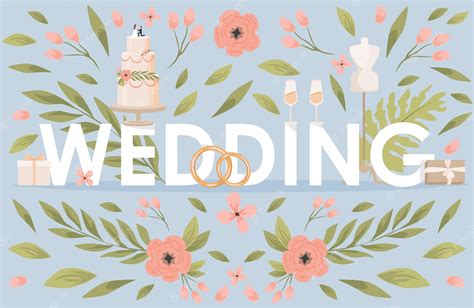 Premium Vector | Wedding word flat banner template leaves flowers wedding cake