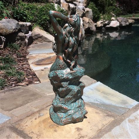 16 in. Sexy Mermaid Sitting on Nautical Rock Bronze Patina Finish Beach ...