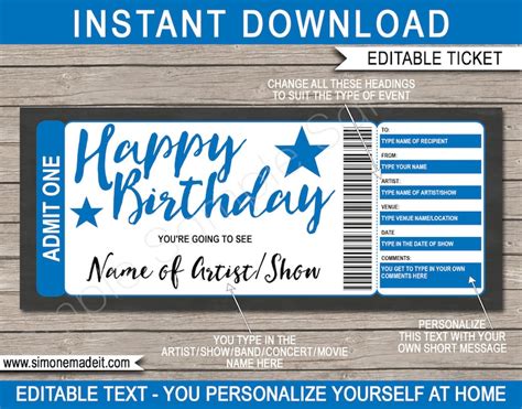 Show Ticket Template Birthday Gift Voucher Card Coupon - Etsy