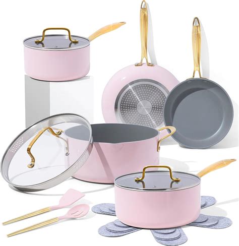 Styled Settings Pink Pots and Pans Set Nonstick - 15 PC Luxe Gold and ...