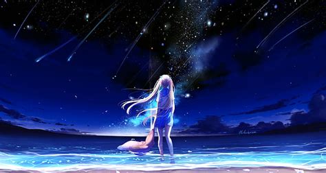 HD wallpaper: Anime girl, Beach, Night, Sea, Blue, 4K | Wallpaper Flare