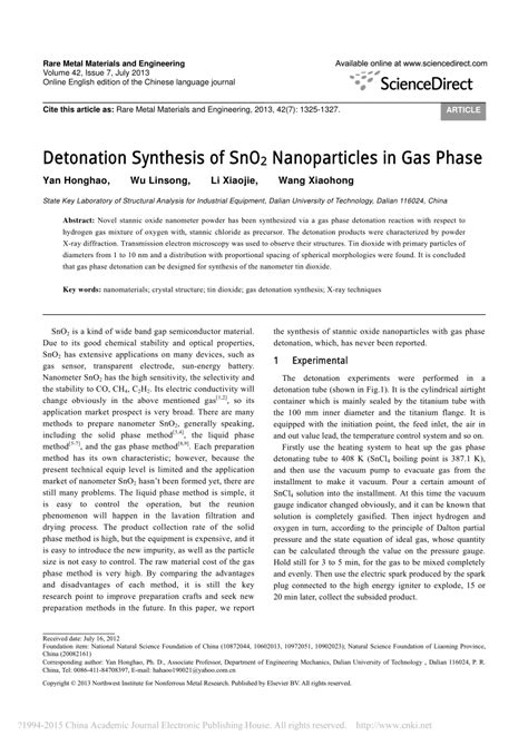 (PDF) Detonation Synthesis of SnO2 Nanoparticles in Gas Phase