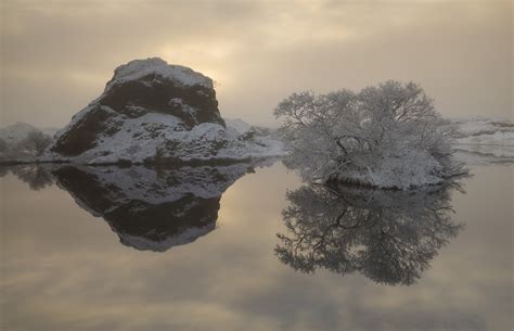 Winter's Tale - haze, golden sunlight, snow, perfect reflection on Lake ...