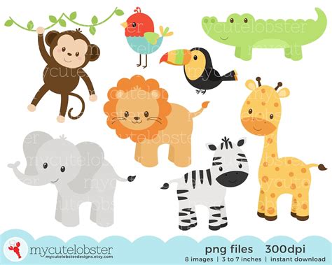 Baby Safari Animals Clipart Set Clip Art Set of Monkey, Giraffe, Lion ...